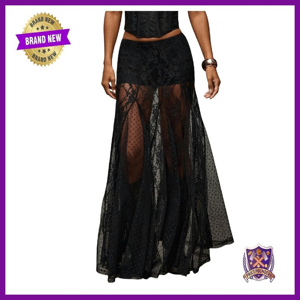 Sheer Lace Maxi Skirt Elastic Waist Flowy A-Line Ruffle Hem